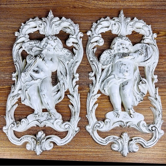 Other - Cherub Wall Plaques 18" Long White Distressed Rococo Style Pair